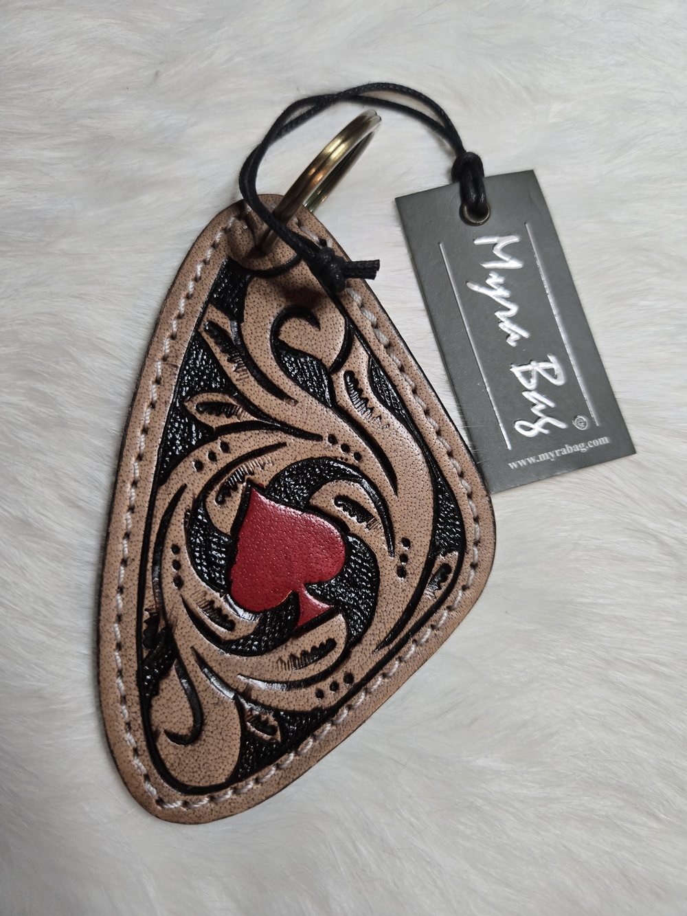 Myra Bag Black Leather Handtooled Triangle Key Holder with Gold Ring NWT